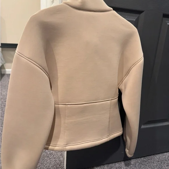 Zara Scuba Zip Up Jacket Size Small Beige Puff Sleeve Athleisure - Picture 10 of 11